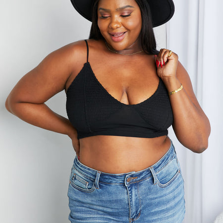 Zenana Full Size Textured Spaghetti Strap Bralette in Black