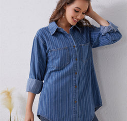 Pocketed Striped Button Up Denim Shirt