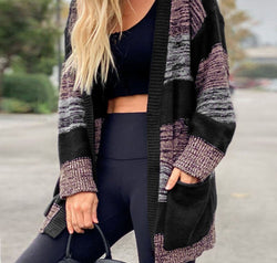 Striped Open Front Long Sleeve Cardigan with Pockets