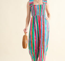 And The Why Full Size Striped Smocked Sleeveless Jumpsuit