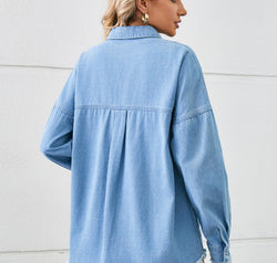 Distressed Raw Hem Dropped Shoulder Denim Jacket