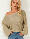 Openwork Boat Neck Lantern Sleeve Sweater