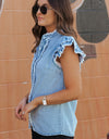 Raw Hem Button Up Cap Sleeve Denim Top