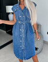 Collared Neck Cap Sleeve Denim Dress