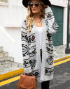 Pocketed Geometric Open Front Dropped Shoulder Cardigan