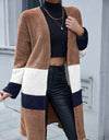 Tricolor Open Front Fuzzy Longline Cardigan