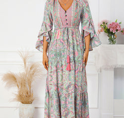 Printed Tassel Tie V-Neck Tiered Dress