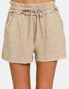 Zenana Washed Frayed Hem Drawstring Shorts