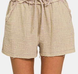Zenana Washed Frayed Hem Drawstring Shorts
