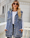 Drawstring Hooded Sleeveless Denim Top with Pockets