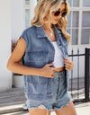 Pocketed Button Up Sleeveless Denim Jacket