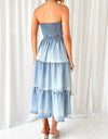 Slit Smocked Tube Tiered Denim Dress