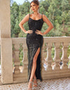 Backless Slit Sequin Spaghetti Strap Dress