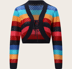 Openwork Color Block Tied Cardigan