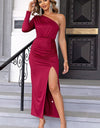 One Shoulder Ruched Slit Maxi Dress