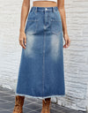 Raw Hem Buttoned Denim Skirt with Pockets