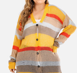 Plus Openwork Color Block Button Up Cardigan