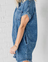 Raw Hem Pocketed Cap Sleeve Denim Dress