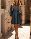 Round Neck Balloon Sleeve Mini Denim Dress