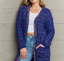 Plaid Fringe Trim Open Front Longline Cardigan