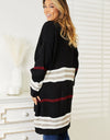 Striped Rib-Knit Drop Shoulder Open Front Cardigan