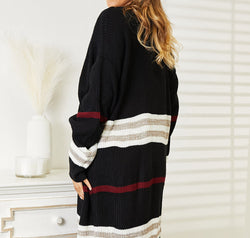 Striped Rib-Knit Drop Shoulder Open Front Cardigan