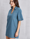 Pocketed Collared Neck Mini Denim Dress