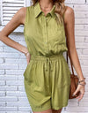 Perfee Collared Neck Sleeveless Romper with Pockets