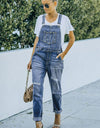 Pocketed Distressed Denim Overalls