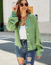 Woven Right Openwork Pompom Puff Sleeve Cardigan