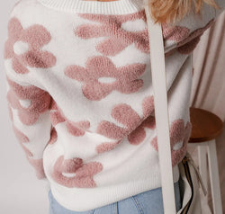 Flower Round Neck Long Sleeve Knit Top