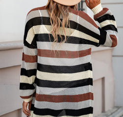 Full Size Striped Long Sleeve Openwork Cardigan