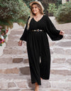 Plus Size V-Neck Long Sleeve Wide Leg Jumpsuit