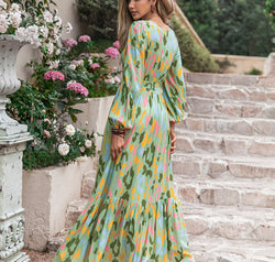 Printed Tie Neck Long Sleeve Maxi Dress
