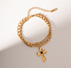 Stainless Steel Imitation Gemstone Cross Shape Pendant Bracelet
