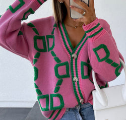 Geometric Dropped Shoulder Button Down Cardigan