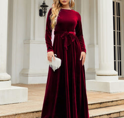 Tie Front Round Neck Long Sleeve Maxi Dress