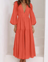 Deep V-Neck Balloon Sleeve Plain Maxi Dress