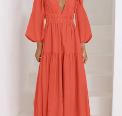 Deep V-Neck Balloon Sleeve Plain Maxi Dress