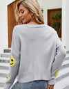 Smiley Face Ribbed Trim V-Neck Cardigan