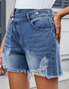 Distressed Raw Hem Asymmetric Waist Denim Shorts