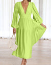 Deep V-Neck Balloon Sleeve Plain Maxi Dress