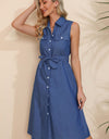 Button Front Belted Sleeveless Collared Shirt Dress