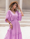 Tassel Trim Smocked V-Neck Short Sleeve Dress