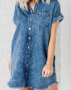 Raw Hem Pocketed Cap Sleeve Denim Dress