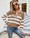 Striped Collared Neck Drop Shoulder Knit Top