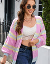 Striped Lantern Sleeve Dropped Shoulder Cardigan