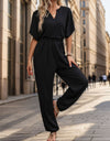 Perfee Notched Half Sleeve Straight Jumpsuit