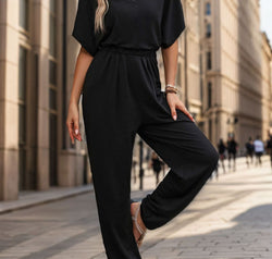 Perfee Notched Half Sleeve Straight Jumpsuit