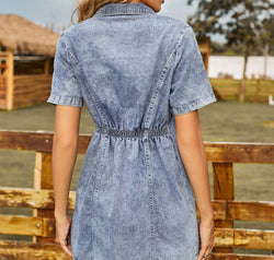 Button Up Short Sleeve Mini Denim Dress